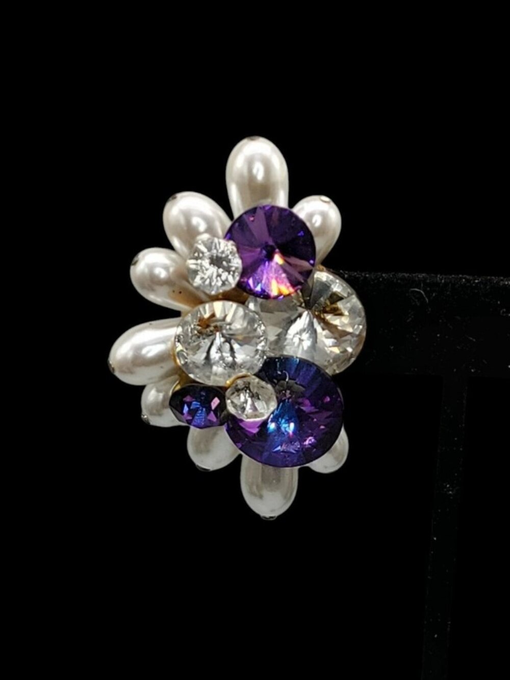 Vtg 1960s Cluster Clip On Earrings Purple Rivoli Rhinestone Faux Baroque Pearl - Picture 8 of 16